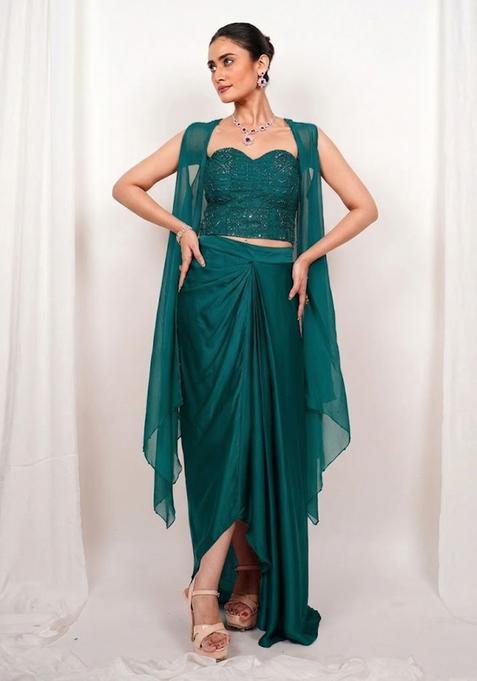 Teal Green Embroidered Handwork Fusion Set