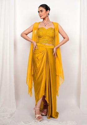 Mustard Embroidered Handwork Fusion Set