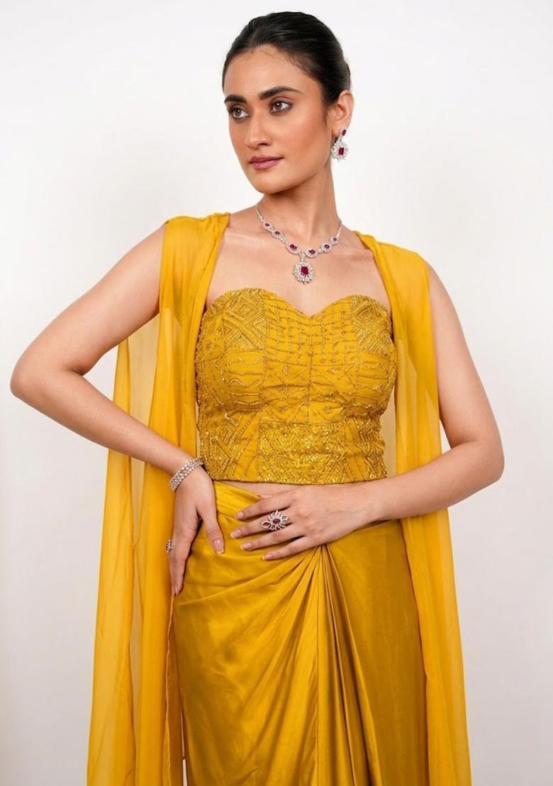 Mustard Embroidered Handwork Fusion Set - Indya