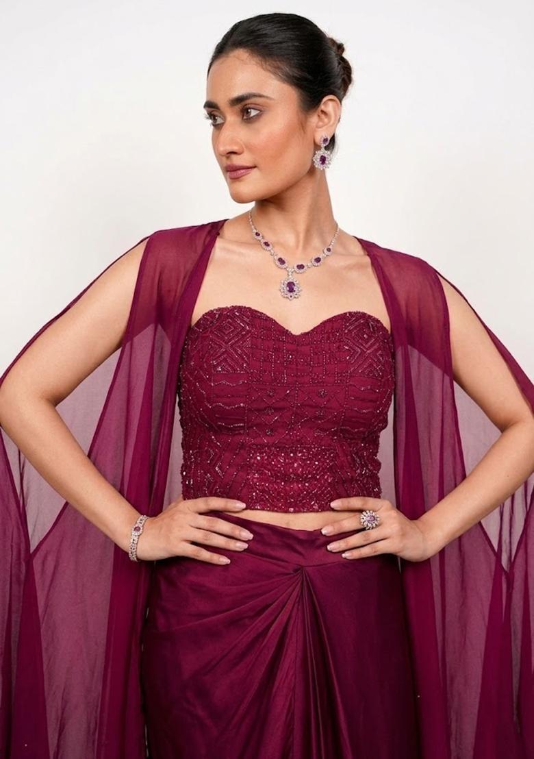 Wine Embroidered Handwork Fusion Set - Indya