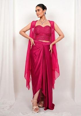 Pink Embroidered Handwork Fusion Set