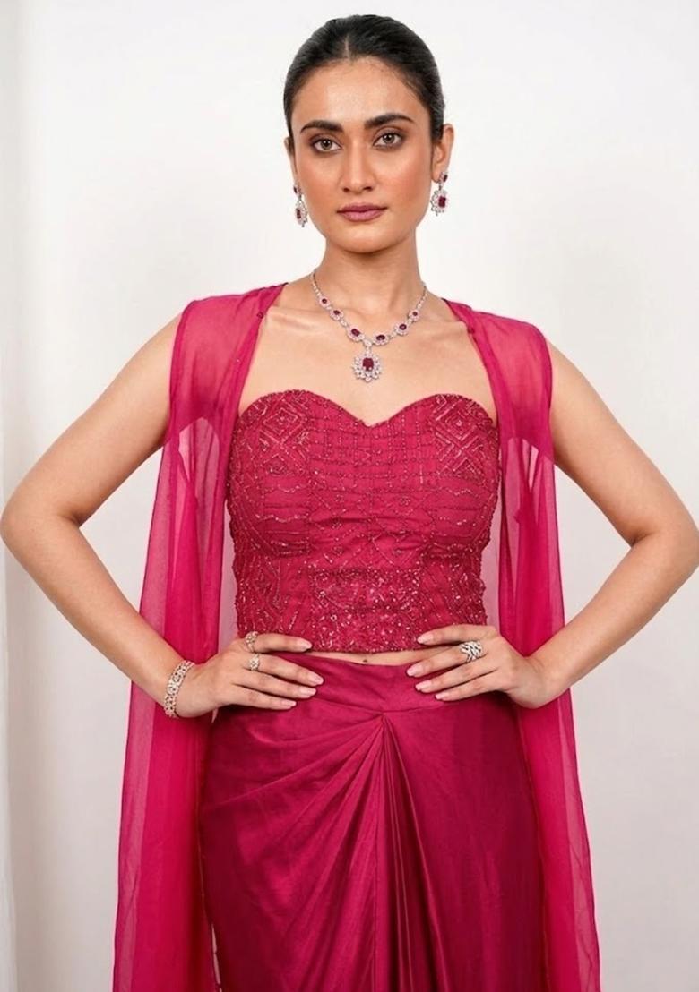 Pink Embroidered Handwork Fusion Set - Indya