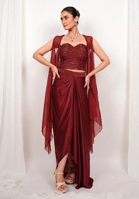 Red Embroidered Handwork Fusion Set