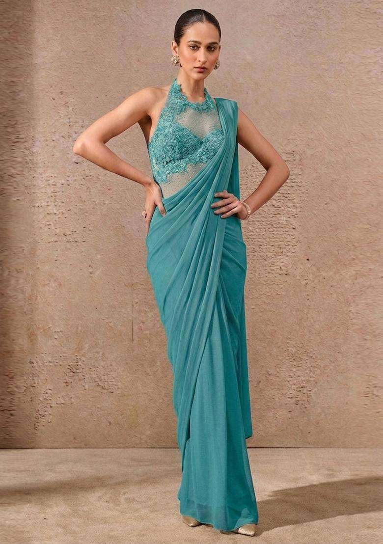 Teal Blue Embroidered Handwork Pre Draped Saree Set - Indya