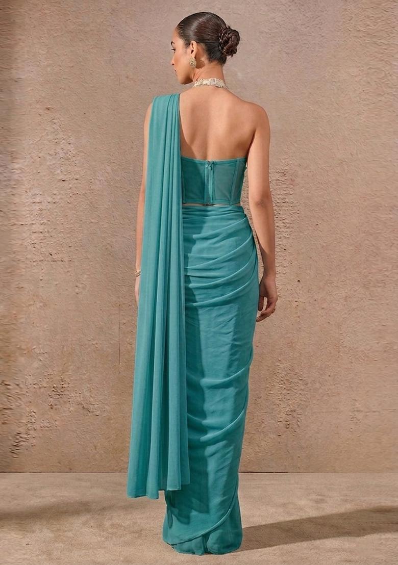 Teal Blue Embroidered Handwork Pre Draped Saree Set - Indya