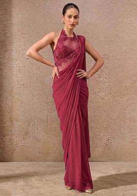 Magenta Pink Embroidered Handwork Pre Draped Saree Set