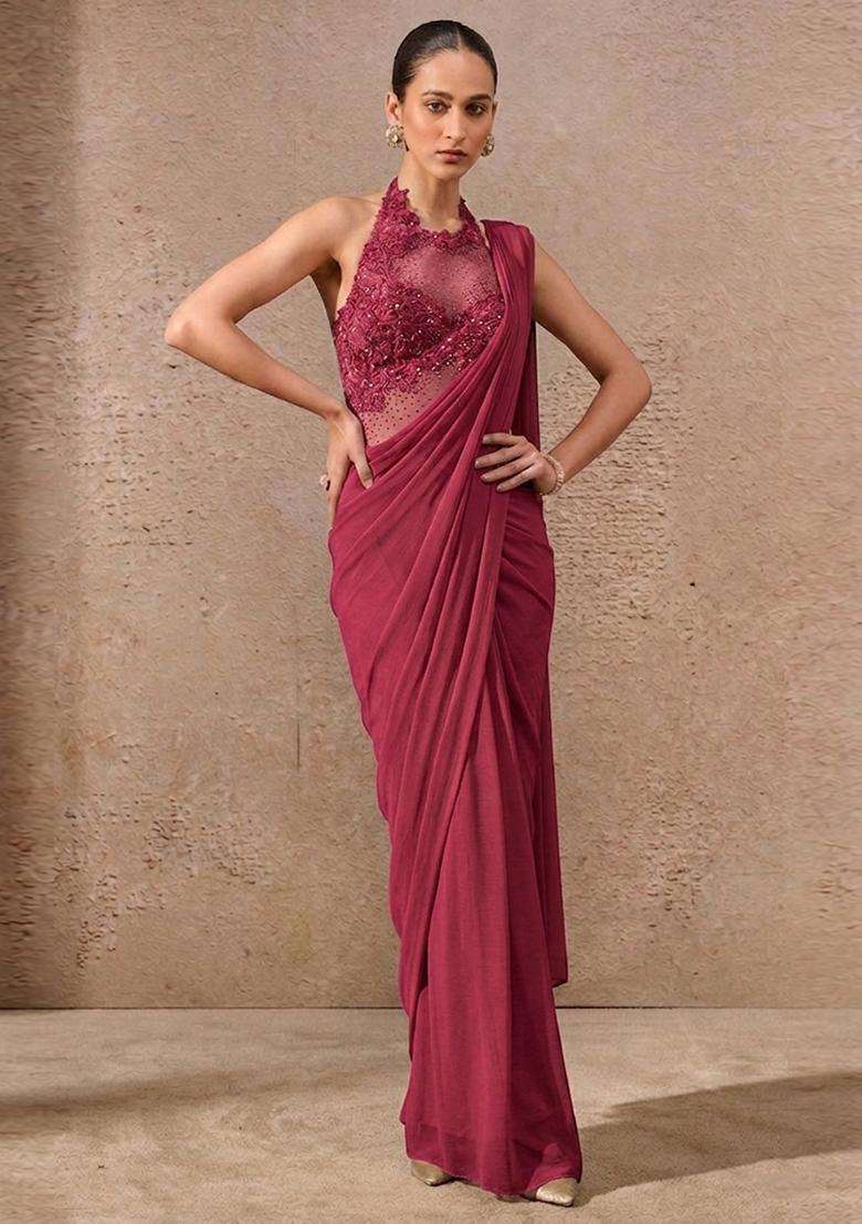 Magenta Pink Embroidered Handwork Pre Draped Saree Set - Indya