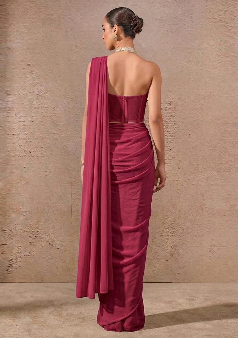 Magenta Pink Embroidered Handwork Pre Draped Saree Set - Indya