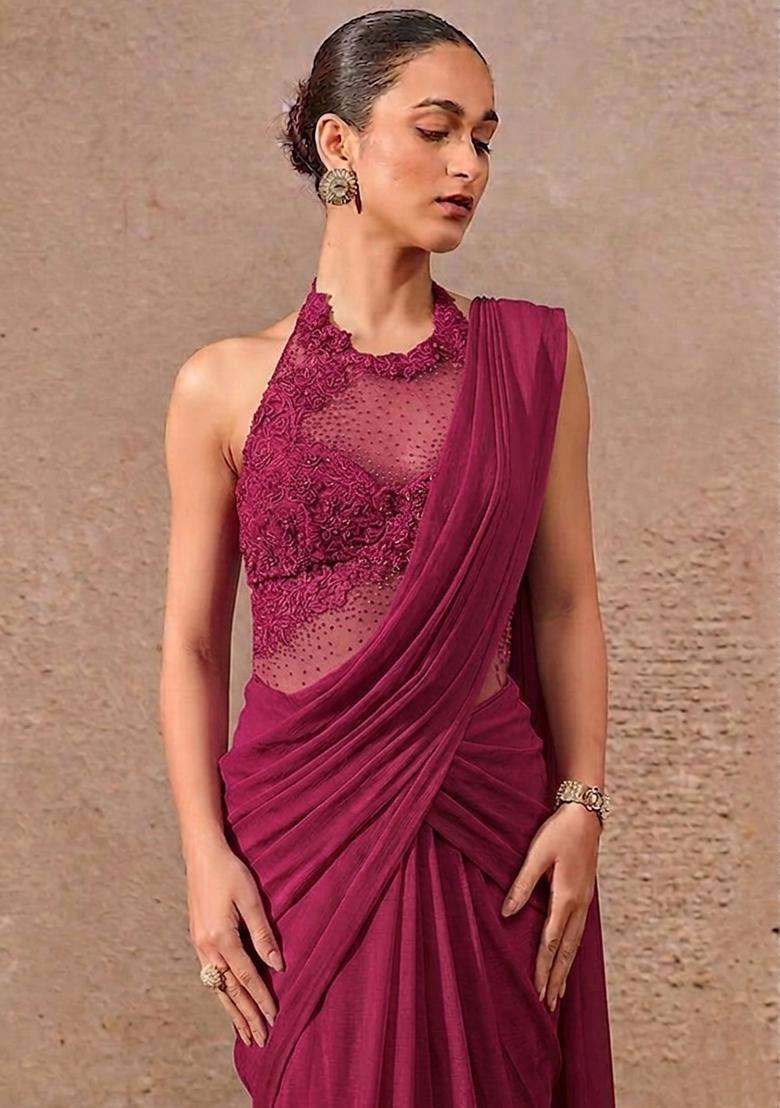 Magenta Pink Embroidered Handwork Pre Draped Saree Set - Indya