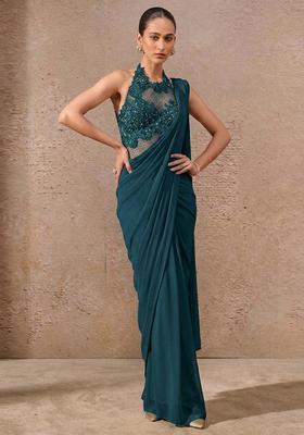 Deep Teal Embroidered Handwork Pre Draped Saree Set