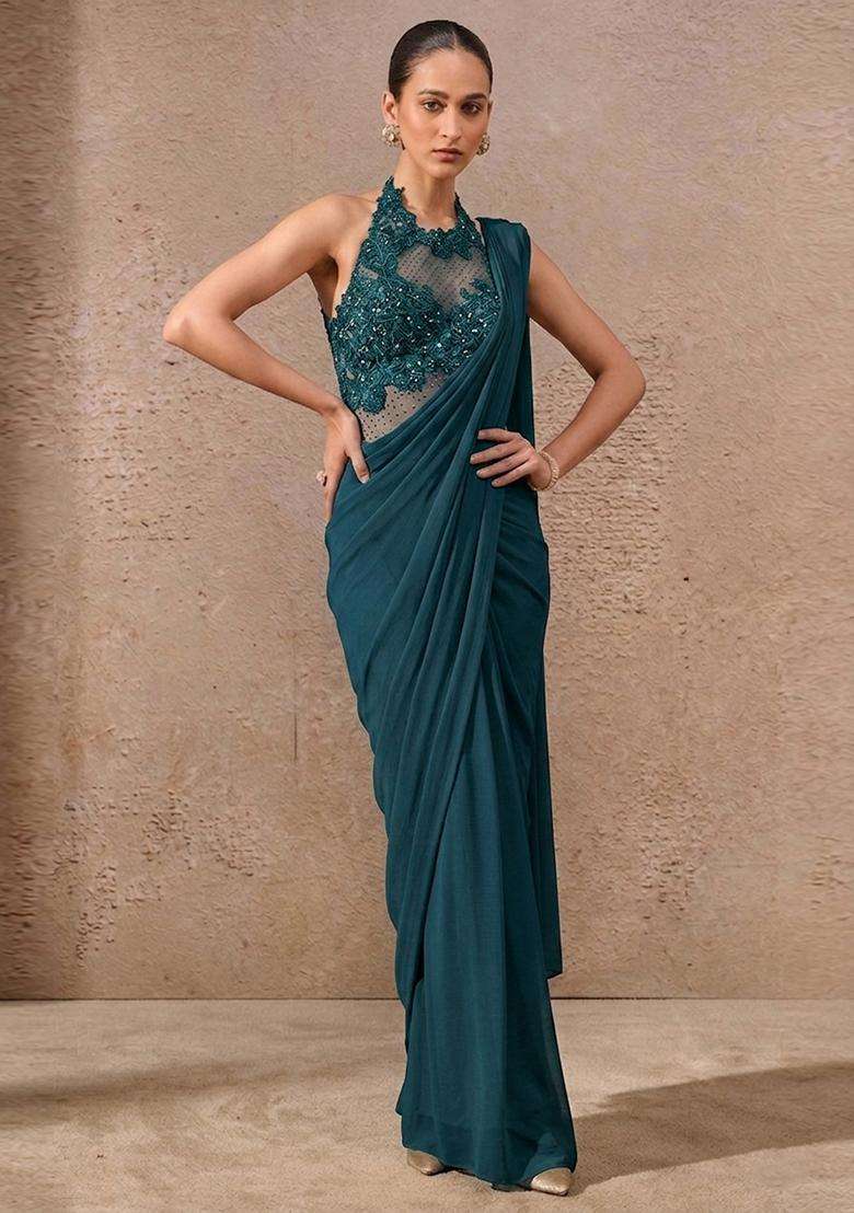 Deep Teal Embroidered Handwork Pre Draped Saree Set - Indya