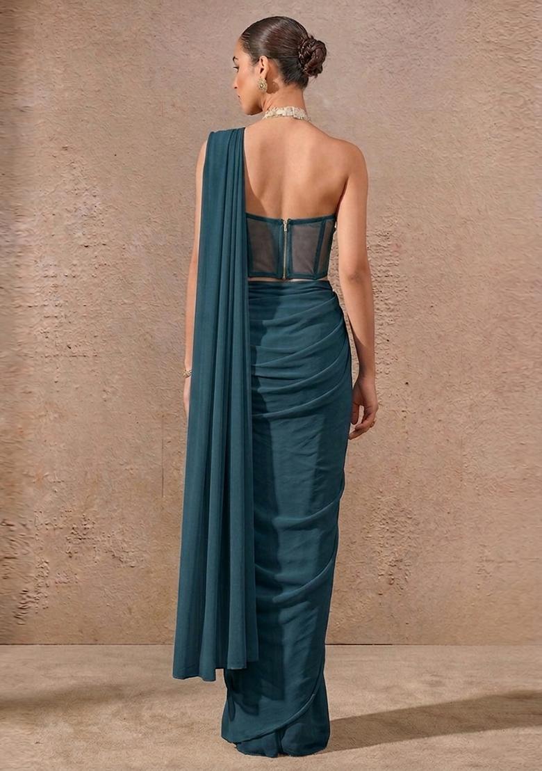 Deep Teal Embroidered Handwork Pre Draped Saree Set - Indya