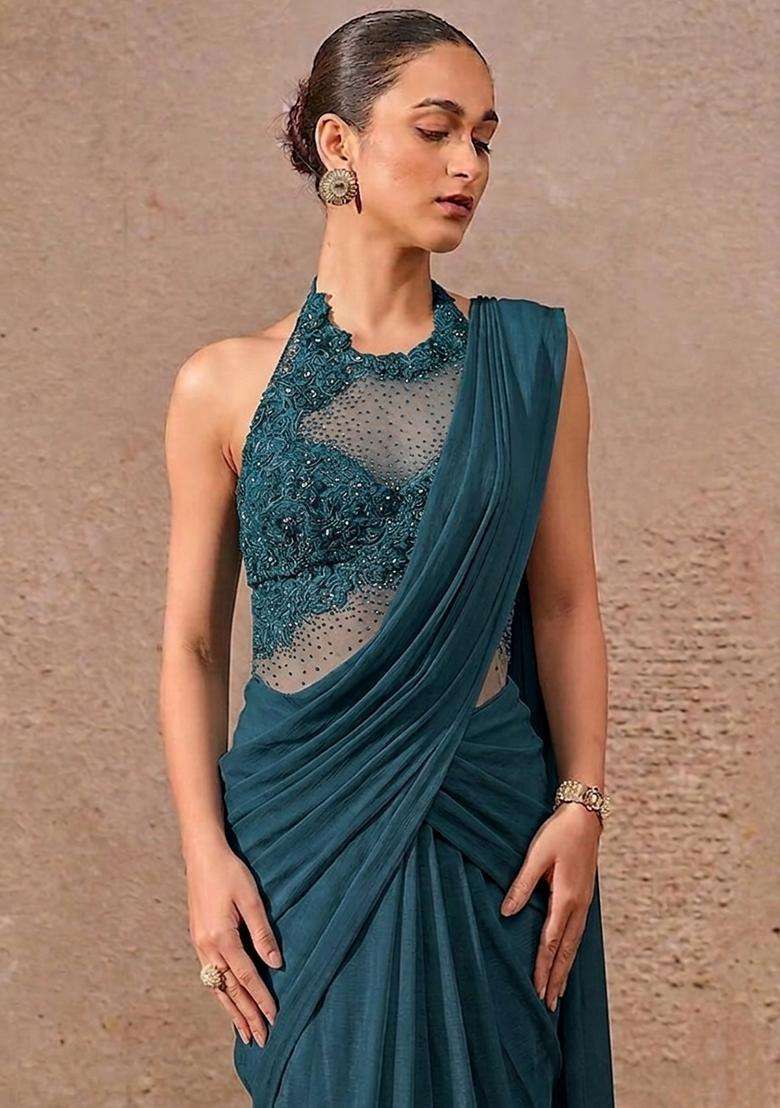 Deep Teal Embroidered Handwork Pre Draped Saree Set - Indya