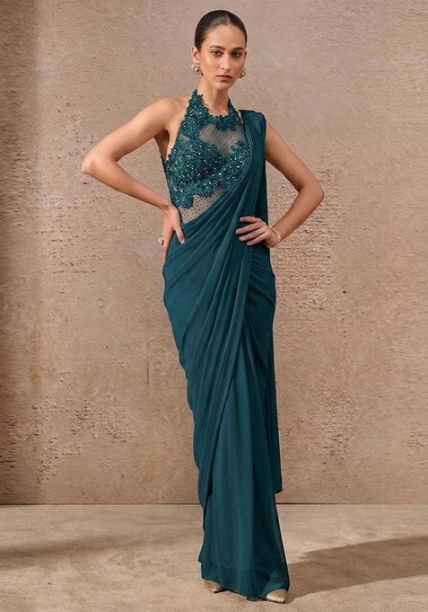 Deep Teal Embroidered Handwork Pre Draped Saree Set