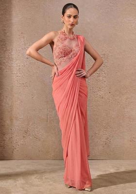 Coral Peach Embroidered Handwork Pre Draped Saree Set