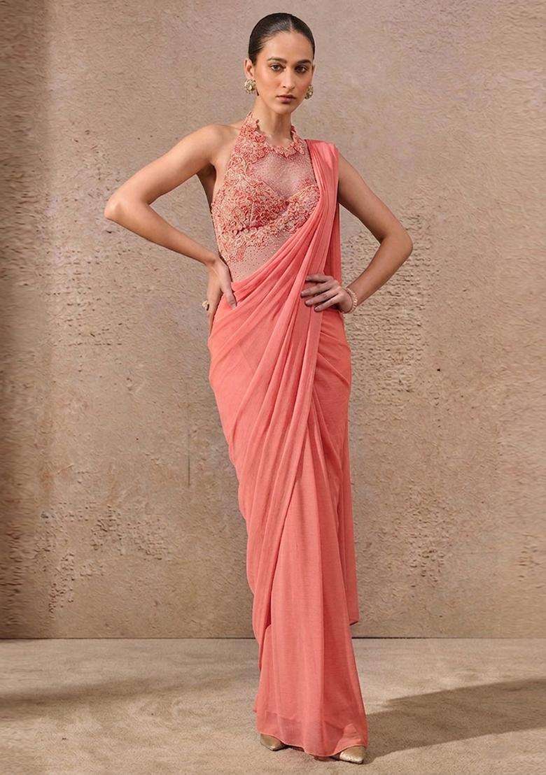Coral Peach Embroidered Handwork Pre Draped Saree Set - Indya