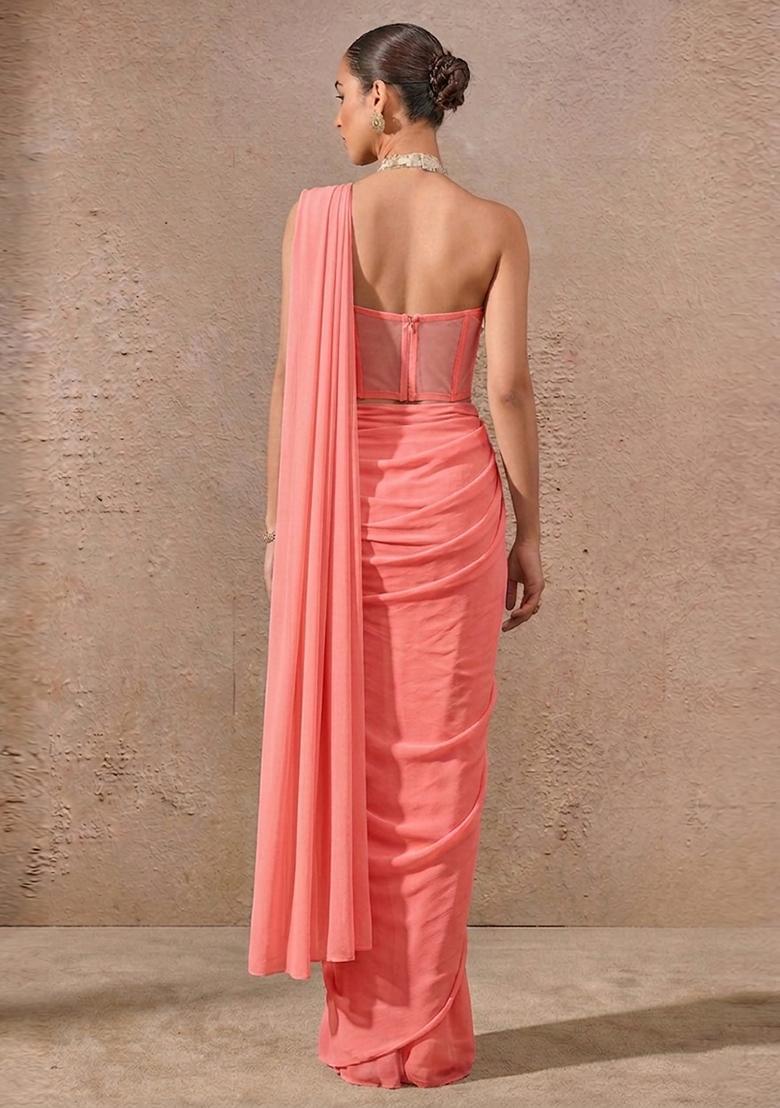 Coral Peach Embroidered Handwork Pre Draped Saree Set - Indya