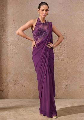 Deep Purple Embroidered Handwork Pre Draped Saree Set
