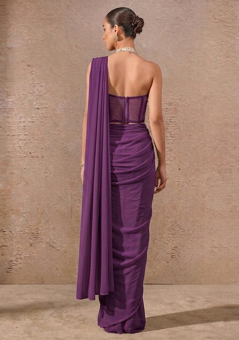 Deep Purple Embroidered Handwork Pre Draped Saree Set - Indya