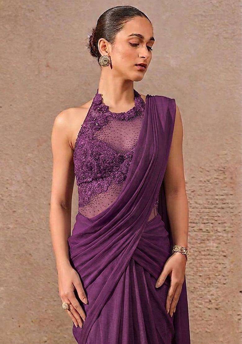Deep Purple Embroidered Handwork Pre Draped Saree Set - Indya