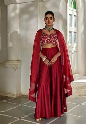 Maroon Red Embroidered Handwork Fusion Set