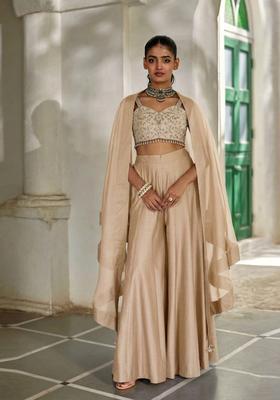 Champagne Beige Embroidered Handwork Fusion Set