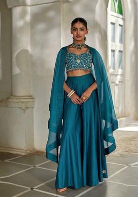 Teal Blue Embroidered Handwork Fusion Set