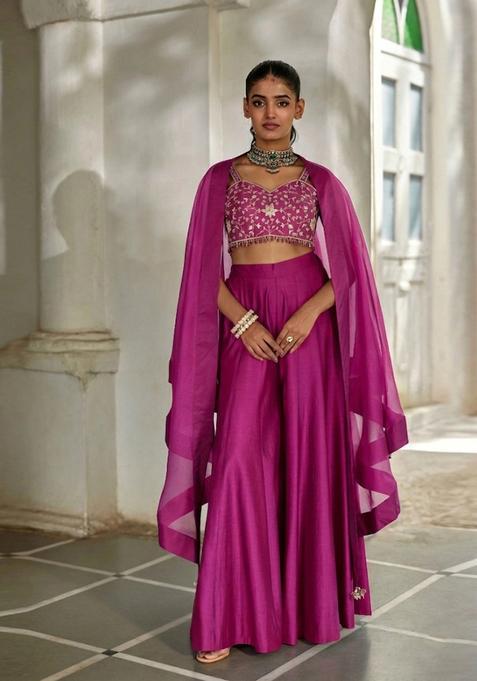 Magenta Purple Embroidered Handwork Fusion Set