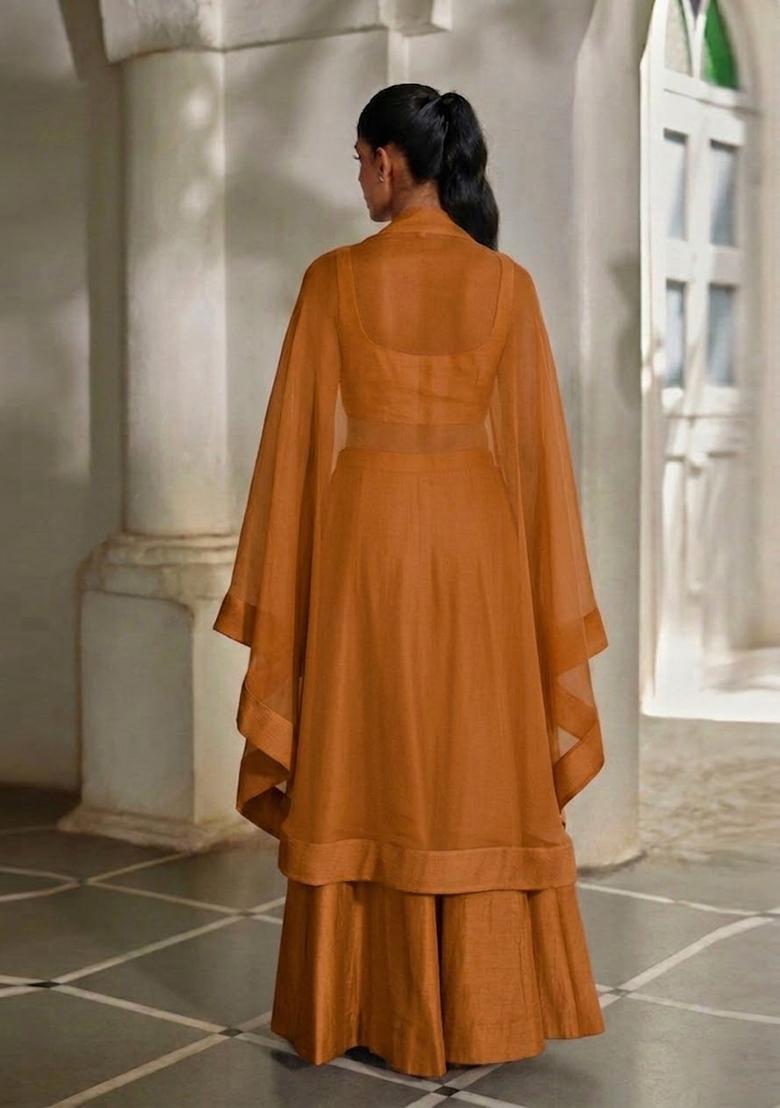 Rust Orange Embroidered Handwork Fusion Set - Indya