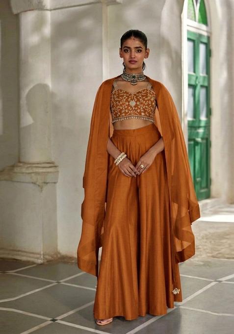 Rust Orange Embroidered Handwork Fusion Set