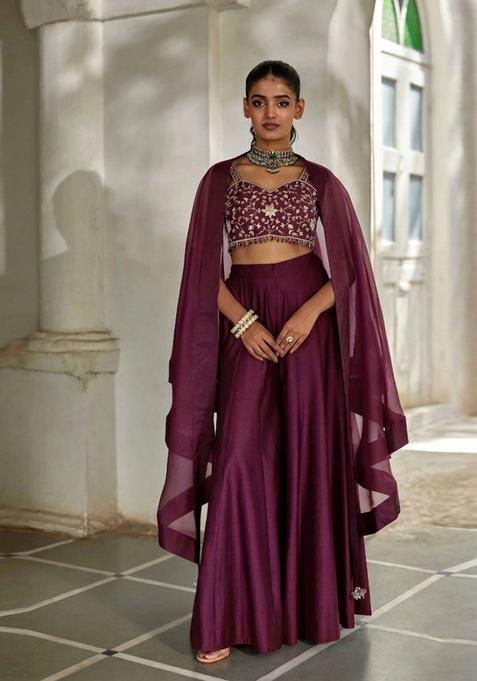 Wine Purple Embroidered Handwork Fusion Set