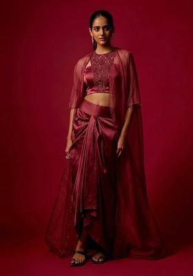 Maroon Red Embroidered Handwork Fusion Set