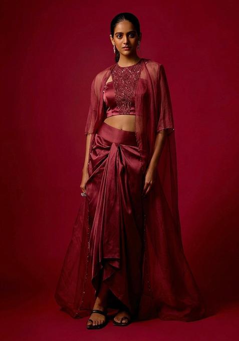 Maroon Red Embroidered Handwork Fusion Set