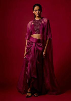 Magenta Purple Embroidered Handwork Fusion Set