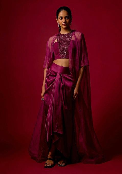 Magenta Purple Embroidered Handwork Fusion Set