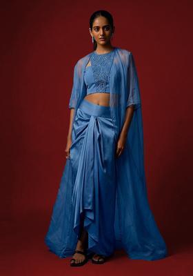 Cornflower Blue Embroidered Handwork Fusion Set