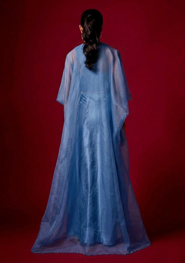 Cornflower Blue Embroidered Handwork Fusion Set - Indya