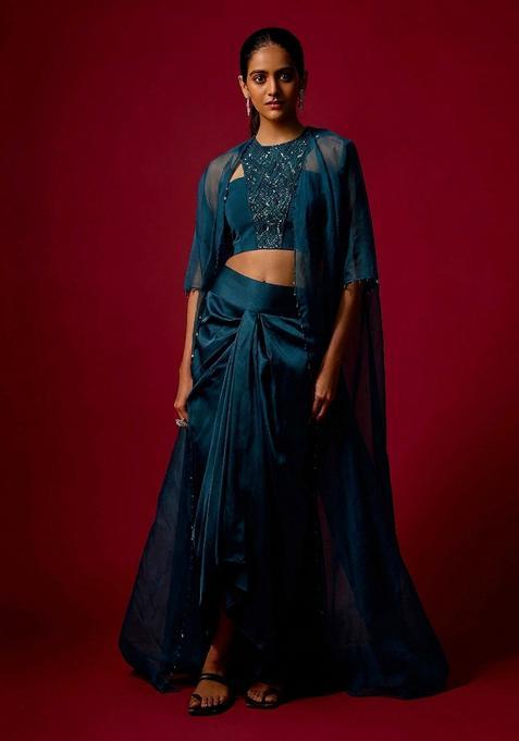 Deep Teal Embroidered Handwork Fusion Set