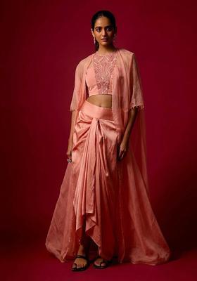 Blush Peach Embroidered Handwork Fusion Set