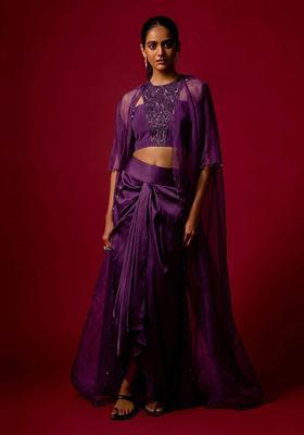 Deep Purple Embroidered Handwork Fusion Set
