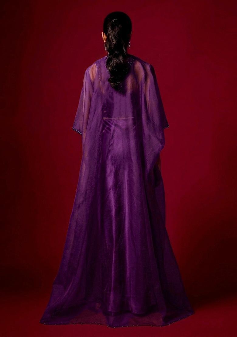 Deep Purple Embroidered Handwork Fusion Set - Indya