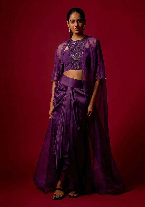 Deep Purple Embroidered Handwork Fusion Set