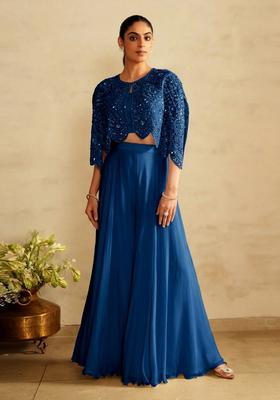 Royal Blue Embroidered Handwork Fusion Set