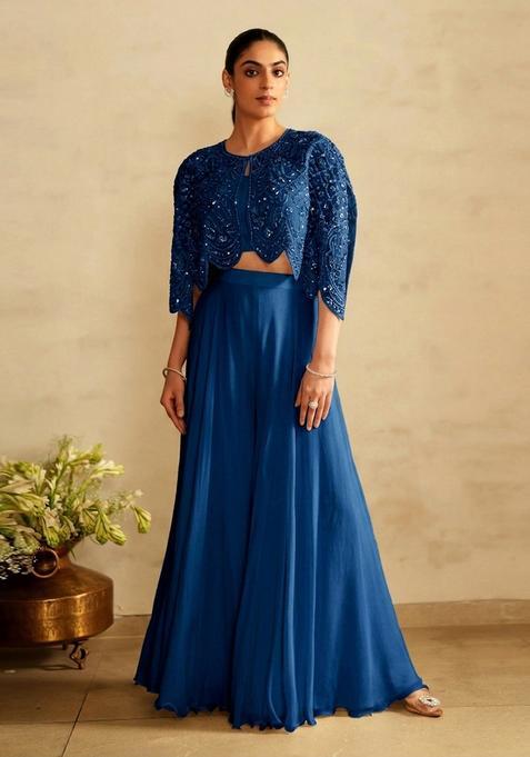 Royal Blue Embroidered Handwork Fusion Set