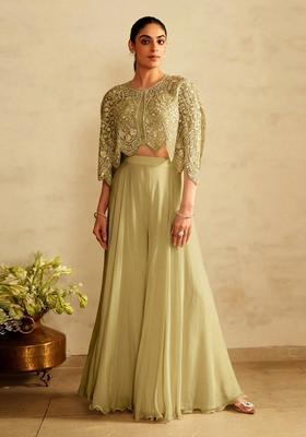 Pista Green Embroidered Handwork Fusion Set