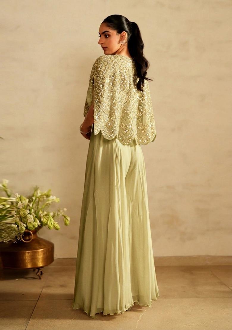 Pista Green Embroidered Handwork Fusion Set - Indya