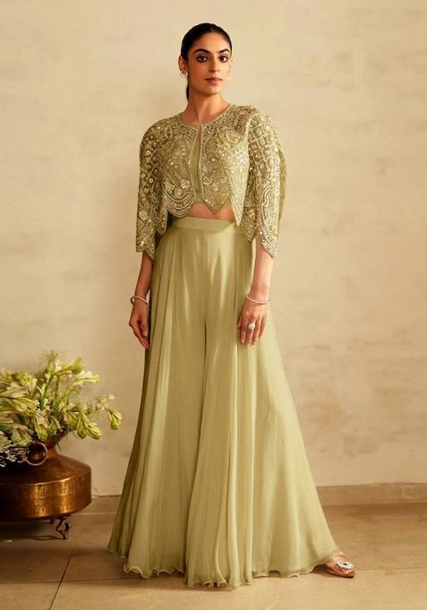 Pista Green Embroidered Handwork Fusion Set