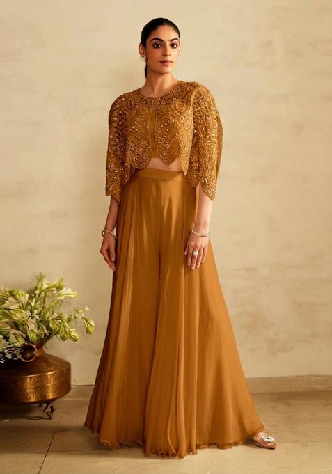 Mustard Yellow Embroidered Handwork Fusion Set