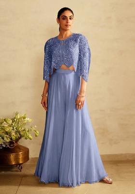 Periwinkle Blue Embroidered Handwork Fusion Set