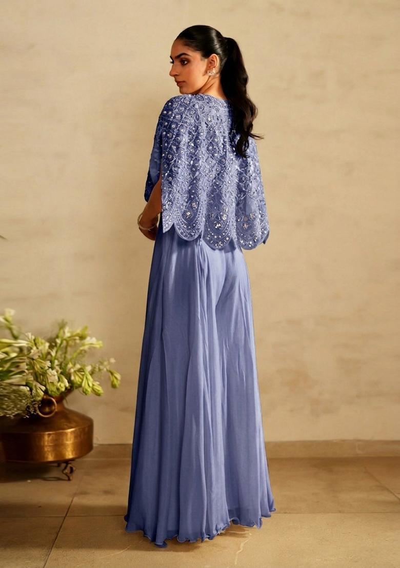 Periwinkle Blue Embroidered Handwork Fusion Set - Indya